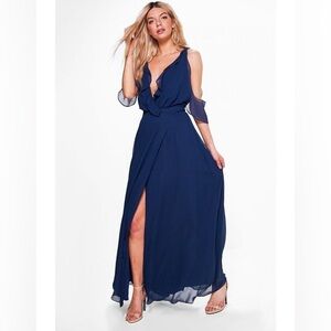 NWT Boohoo Boutique Alaina Chiffon Frill Maxi Dress Blue 10